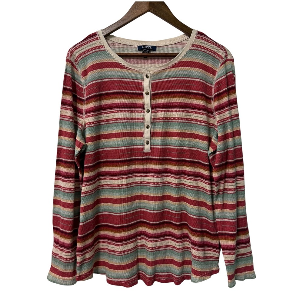 Chaps Henley Top Women 2X Striped Waffle Knit Thermal Long Sleeve Red Hippie